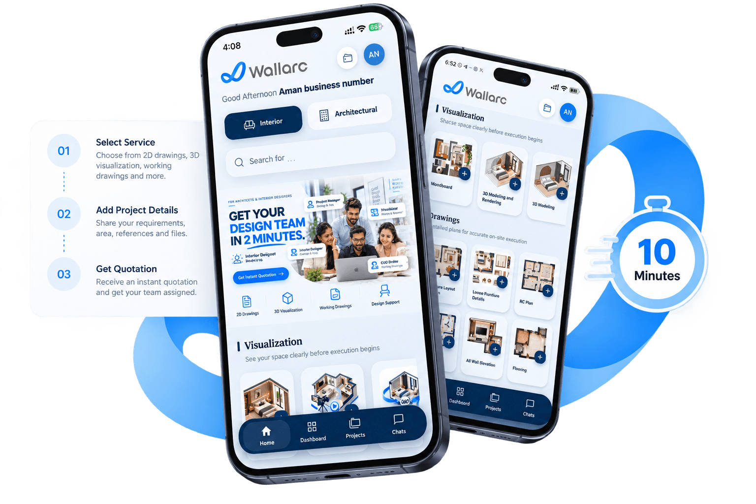 Wallarc app showing how to select a service, add project details and receive a quotation in 10 minutes